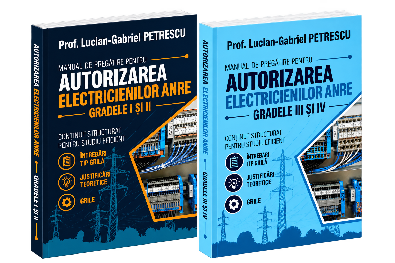 Cele două volume ale Manualului de pregătire pentru autorizarea electricienilor ANRE – Gradele I și II și Gradele III și IV